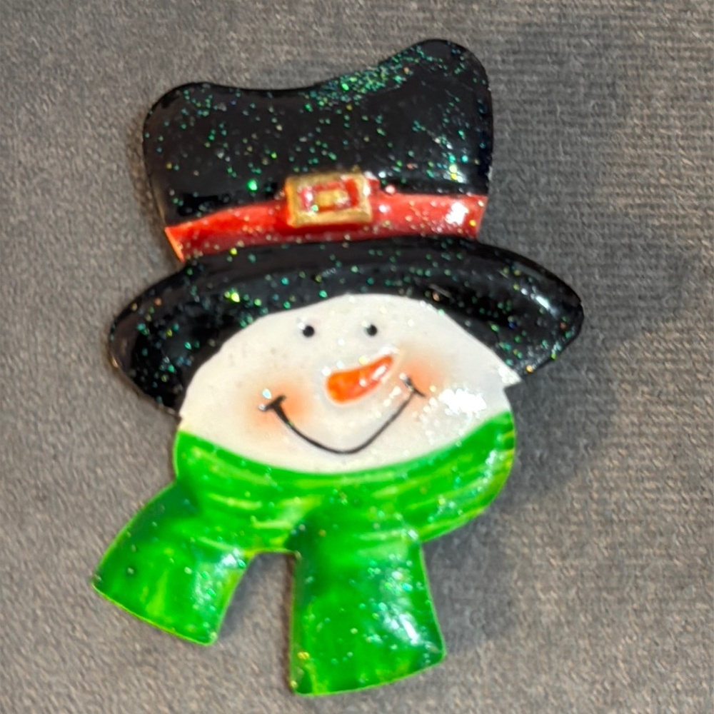 Christmas Snowman Pin Brooch Metal Green Scarf Top Hat Holiday